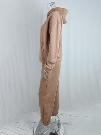 BerryBetty - Women's solid color casual fashion trousers thickened long-sleeved hooded  set