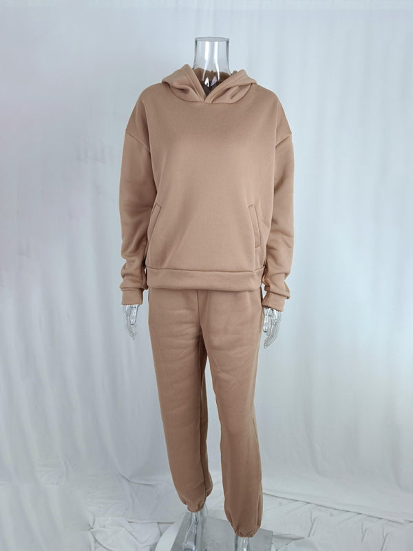 BerryBetty - Women's solid color casual fashion trousers thickened long-sleeved hooded  set