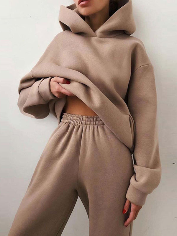Women's solid color casual fashion trousers thickened long-sleeved hooded set Khaki Activewear sets clothes lounge wear loungewear