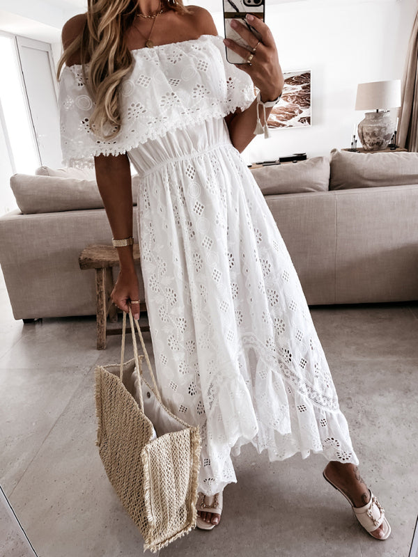 BerryBetty - Women's Solid Color Lace Off Shoulder Long Dress