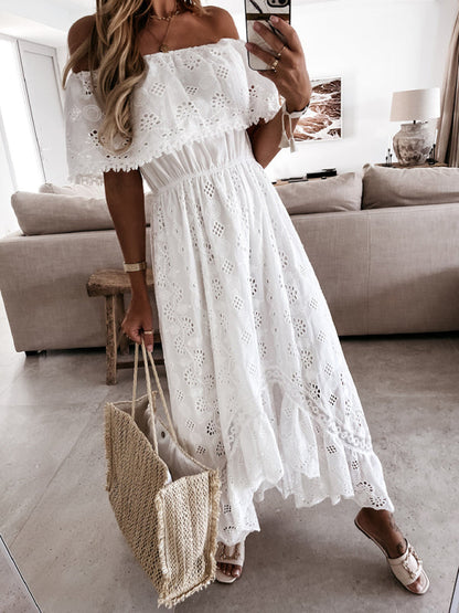BerryBetty - Women's Solid Color Lace Off Shoulder Long Dress
