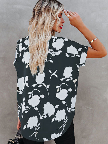 BerryBetty - Women's New Floral Print Casual V-Neck Short Sleeve Shirt