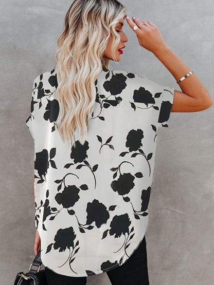 BerryBetty - Women's New Floral Print Casual V-Neck Short Sleeve Shirt