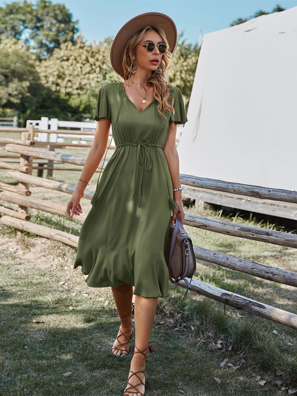 BerryBetty - Women's Woven V-neck Large Swing A-line Short Sleeve Dress