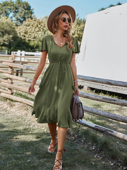 BerryBetty - Women's Woven V-neck Large Swing A-line Short Sleeve Dress