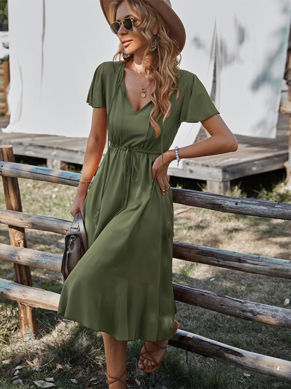 BerryBetty - Women's Woven V-neck Large Swing A-line Short Sleeve Dress