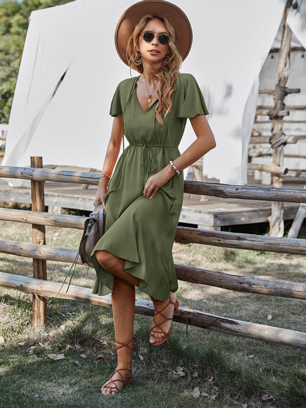 BerryBetty - Women's Woven V-neck Large Swing A-line Short Sleeve Dress
