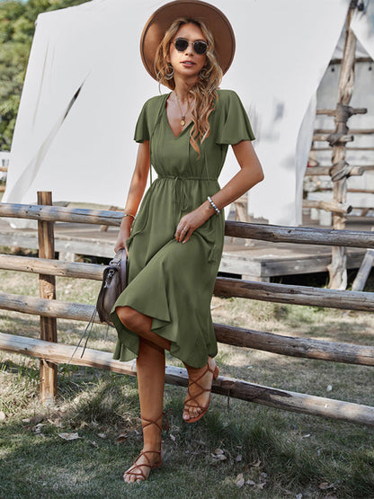 BerryBetty - Women's Woven V-neck Large Swing A-line Short Sleeve Dress