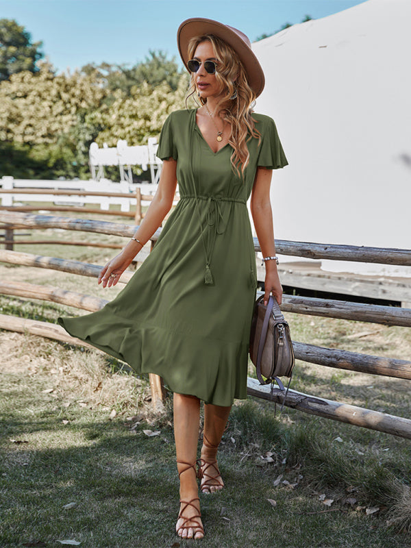 BerryBetty - Women's Woven V-neck Large Swing A-line Short Sleeve Dress