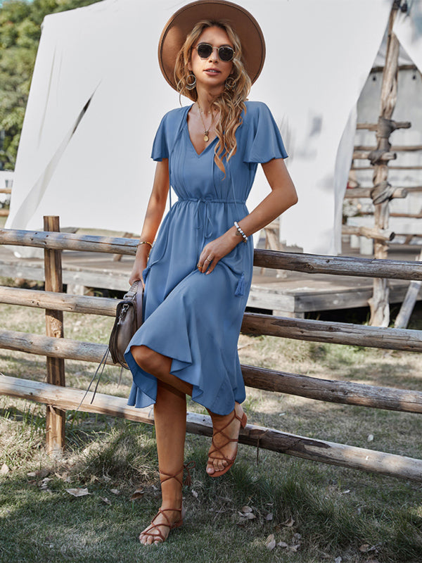 BerryBetty - Women's Woven V-neck Large Swing A-line Short Sleeve Dress