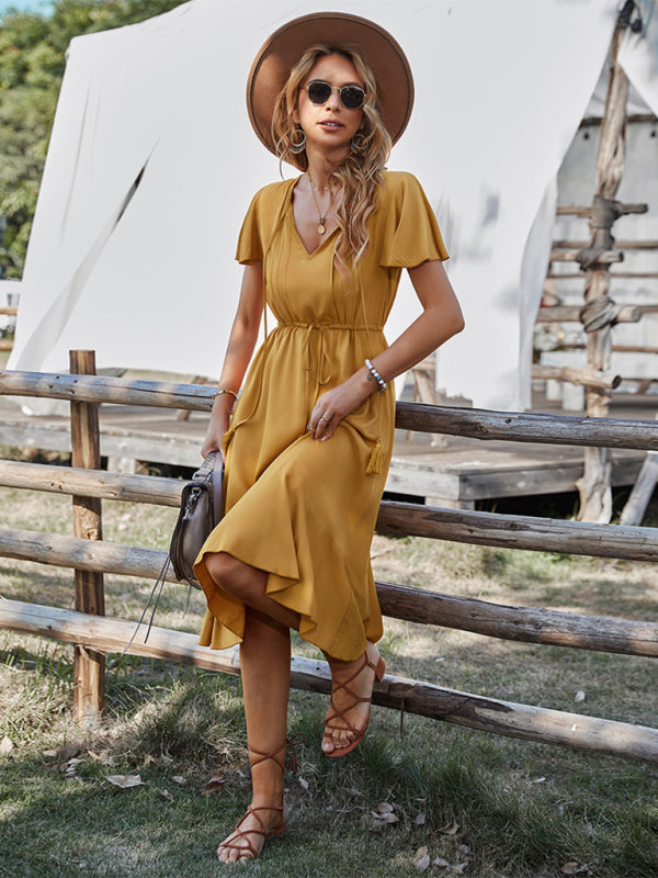 BerryBetty - Women's Woven V-neck Large Swing A-line Short Sleeve Dress