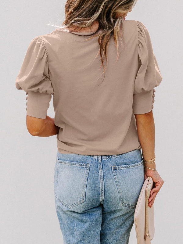BerryBetty - Women's Solid Color Puff Sleeve Crew Neck Blouse