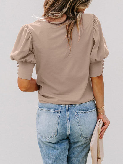 BerryBetty - Women's Solid Color Puff Sleeve Crew Neck Blouse