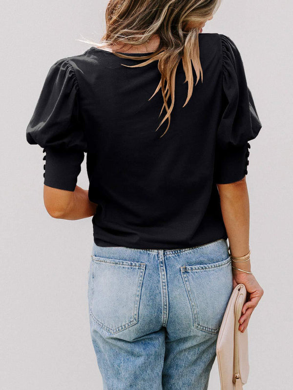 BerryBetty - Women's Solid Color Puff Sleeve Crew Neck Blouse