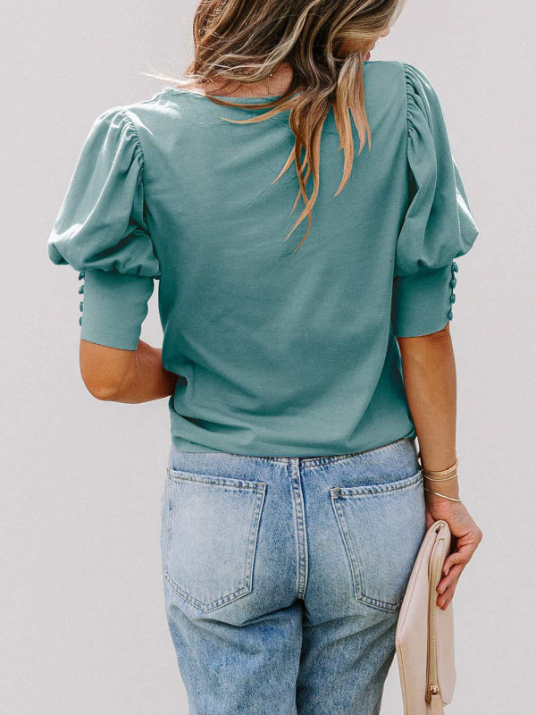 BerryBetty - Women's Solid Color Puff Sleeve Crew Neck Blouse