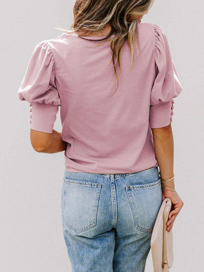BerryBetty - Women's Solid Color Puff Sleeve Crew Neck Blouse