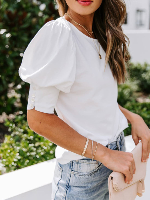 Women's Solid Color Puff Sleeve Crew Neck Blouse White clothes shirt shirts short sleeve short sleeve shirt tops Tops/Blouses
