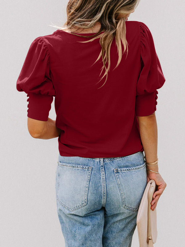 BerryBetty - Women's Solid Color Puff Sleeve Crew Neck Blouse