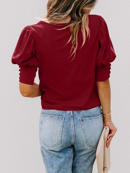 BerryBetty - Women's Solid Color Puff Sleeve Crew Neck Blouse