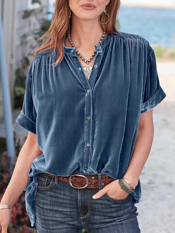 BerryBetty - Women's Plush Velvet Button-up Shirt