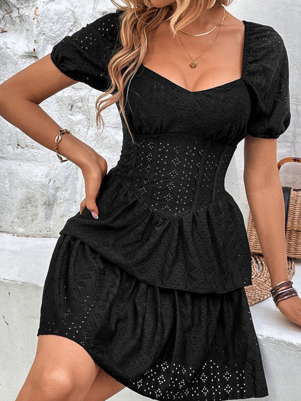 BerryBetty - Women's French Retro Solid Color Tunic Square Neck Puff Sleeves Layered Cake Dress