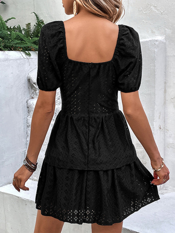 BerryBetty - Women's French Retro Solid Color Tunic Square Neck Puff Sleeves Layered Cake Dress