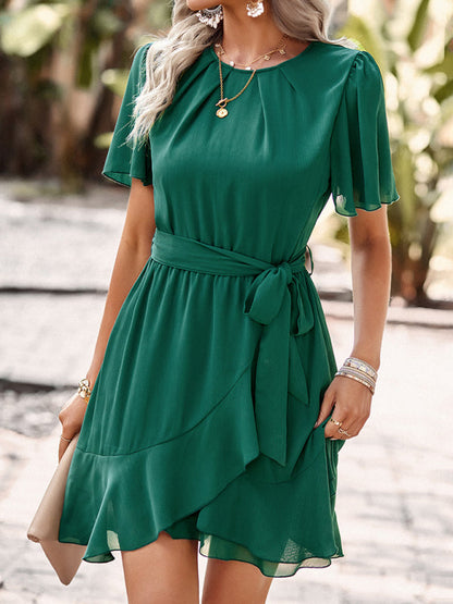 BerryBetty - Women's Solid Color Flutter Sleeve Waist Tie Ruffle Hem Dress