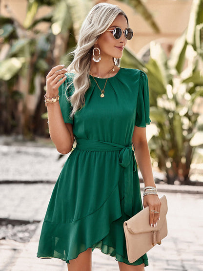 BerryBetty - Women's Solid Color Flutter Sleeve Waist Tie Ruffle Hem Dress