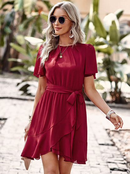 BerryBetty - Women's Solid Color Flutter Sleeve Waist Tie Ruffle Hem Dress