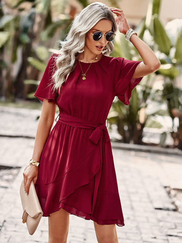 BerryBetty - Women's Solid Color Flutter Sleeve Waist Tie Ruffle Hem Dress