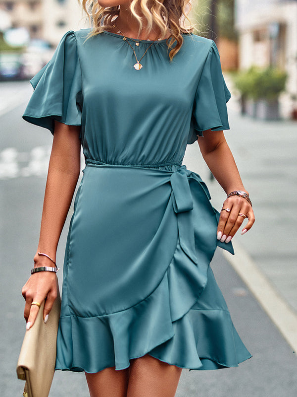 BerryBetty - Women's Solid Color Ruffle Tie Waist Dress