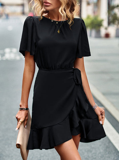 BerryBetty - Women's Solid Color Ruffle Tie Waist Dress