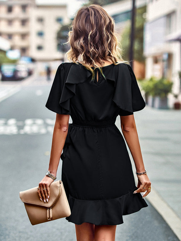 BerryBetty - Women's Solid Color Ruffle Tie Waist Dress