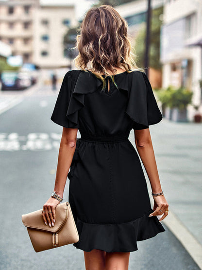 BerryBetty - Women's Solid Color Ruffle Tie Waist Dress