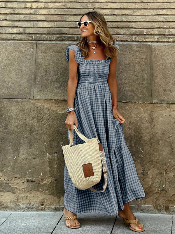 BerryBetty - Women's Checked Print Flutter Ruffle Sleeve Smocked Tiered Sundress