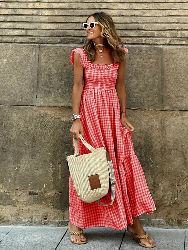 BerryBetty - Women's Checked Print Flutter Ruffle Sleeve Smocked Tiered Sundress