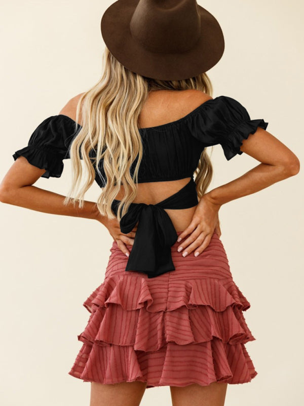 BerryBetty - Oktoberfest women's sexy one-neck tie-back short-sleeved crop top ruffle top