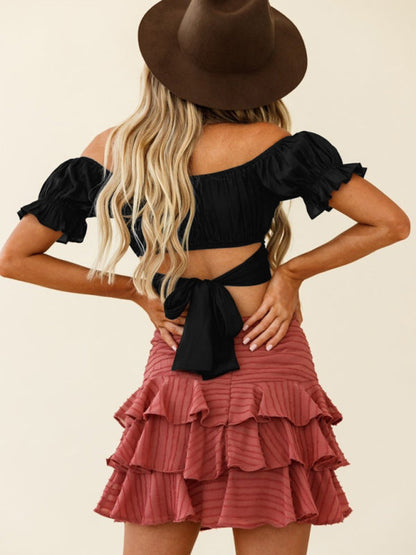 BerryBetty - Oktoberfest women's sexy one-neck tie-back short-sleeved crop top ruffle top
