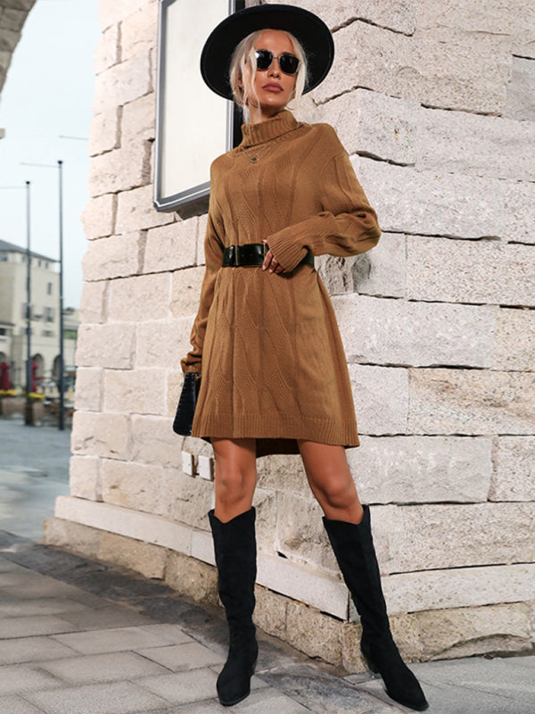 BerryBetty - Women's  mid-high collar solid color sweater skirt (belt not included)