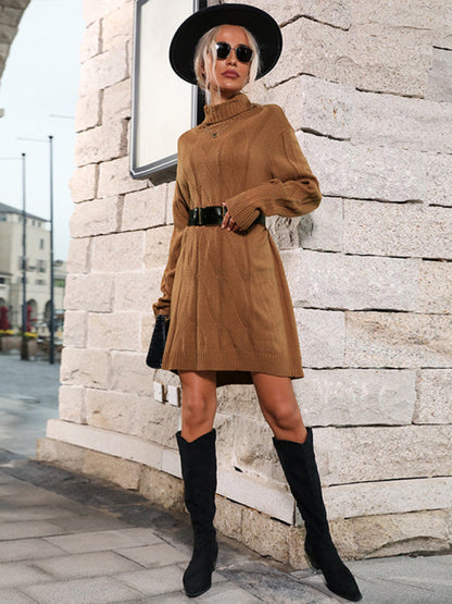 BerryBetty - Women's  mid-high collar solid color sweater skirt (belt not included)