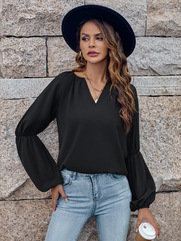 V-neck loose casual autumn and winter women's tops Black clothes long sleeve shirt long sleeve shirts long sleeve tops shirts tops Tops/Blouses
