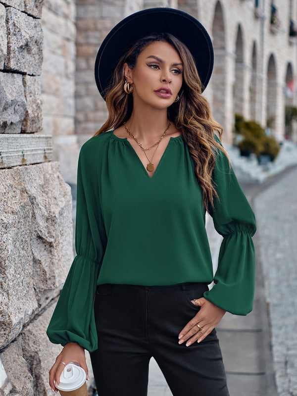 V-neck loose casual autumn and winter women's tops Green clothes long sleeve shirt long sleeve shirts long sleeve tops shirts tops Tops/Blouses