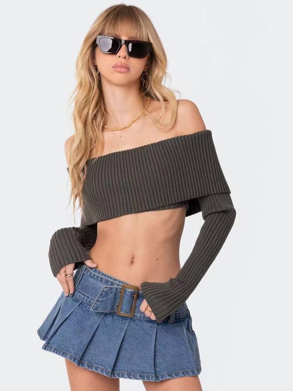BerryBetty - Crop Sweater Comfortable and sexy Crop top Sweater Top woolen chest-wrapped long-sleeved sweater