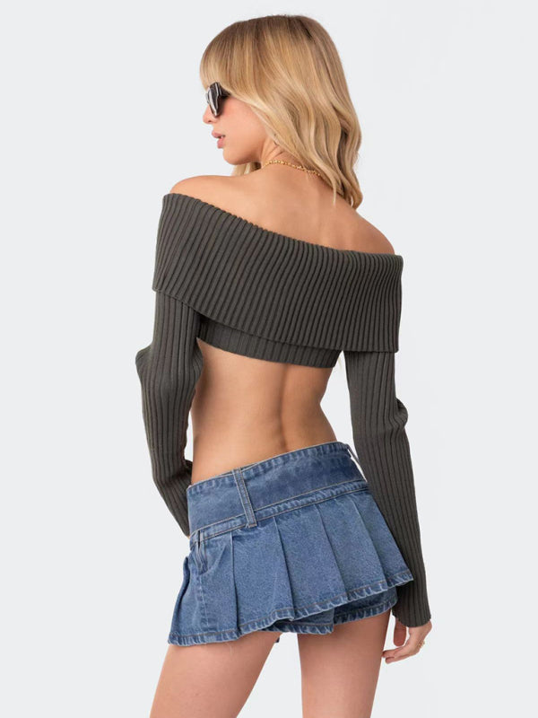 BerryBetty - Crop Sweater Comfortable and sexy Crop top Sweater Top woolen chest-wrapped long-sleeved sweater
