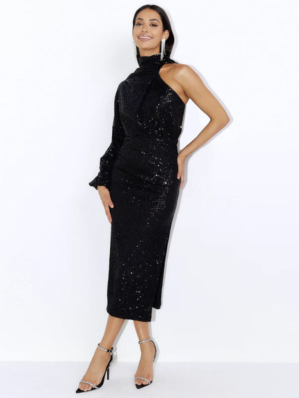 BerryBetty - Women's scarf slit evening dress one shoulder sequins