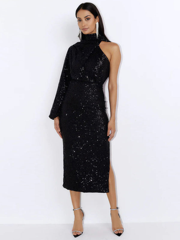 BerryBetty - Women's scarf slit evening dress one shoulder sequins