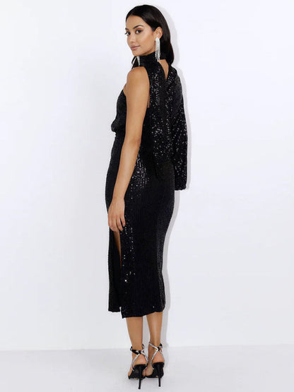 BerryBetty - Women's scarf slit evening dress one shoulder sequins