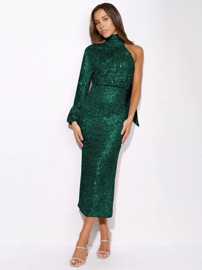 BerryBetty - Women's scarf slit evening dress one shoulder sequins