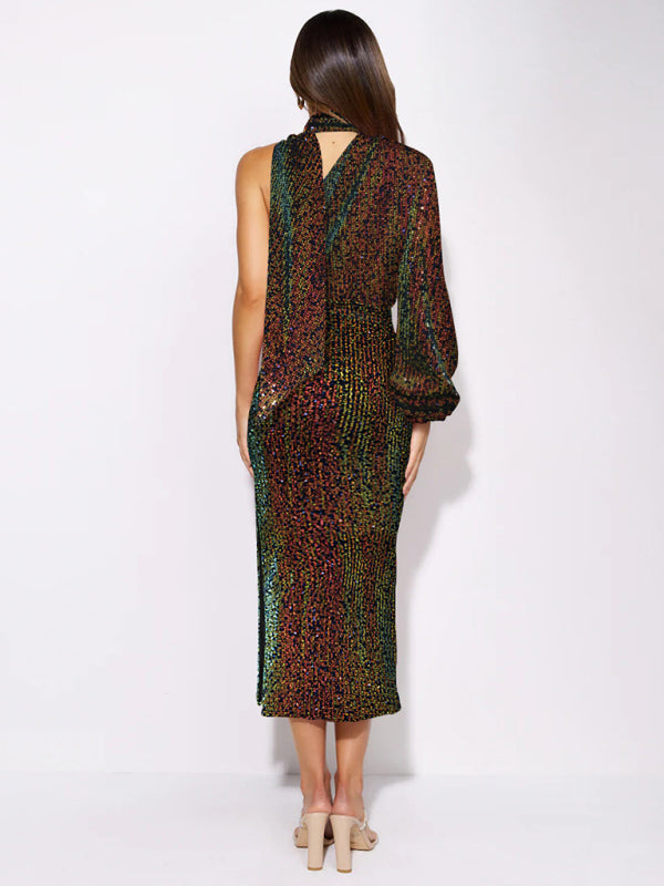 BerryBetty - Women's scarf slit evening dress one shoulder sequins