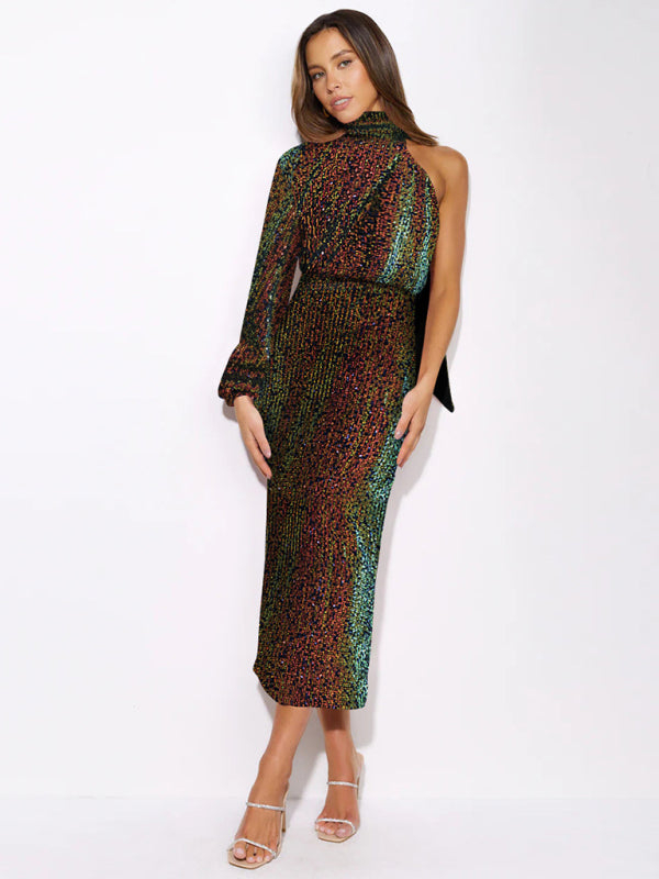 BerryBetty - Women's scarf slit evening dress one shoulder sequins